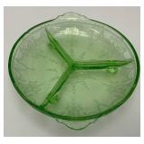 Vintage Anchor Hocking Cameo Ballerina Divided Green Depression Glass Uranium Bowl 7 1/2" (Glows Under UV light) Small Chip On Edge