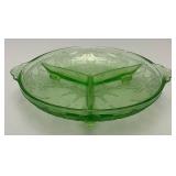 Vintage Anchor Hocking Cameo Ballerina Divided Green Depression Glass Uranium Bowl 7 1/2" (Glows Under UV light) Small Chip On Edge