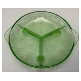 Vintage Anchor Hocking Cameo Ballerina Divided Green Depression Glass Uranium Bowl 7 1/2" (Glows Under UV light) Small Chip On Edge