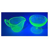 Vintage 1935 US Glass Brand Green Depression URANIUM Glass Strawberry Design Sherbert Bowl 3" x 4" & Green Uranium Glass Gravy Boat 3" x 5" Chips Present (Both Glow Under UV Light)
