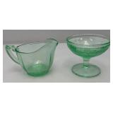 Vintage 1935 US Glass Brand Green Depression URANIUM Glass Strawberry Design Sherbert Bowl 3" x 4" & Green Uranium Glass Gravy Boat 3" x 5" Chips Present (Both Glow Under UV Light)