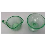 Vintage 1935 US Glass Brand Green Depression URANIUM Glass Strawberry Design Sherbert Bowl 3" x 4" & Green Uranium Glass Gravy Boat 3" x 5" Chips Present (Both Glow Under UV Light)