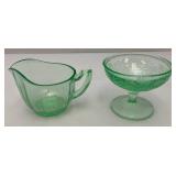 Vintage 1935 US Glass Brand Green Depression URANIUM Glass Strawberry Design Sherbert Bowl 3" x 4" & Green Uranium Glass Gravy Boat 3" x 5" Chips Present (Both Glow Under UV Light)