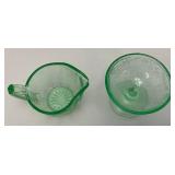 Vintage 1935 US Glass Brand Green Depression URANIUM Glass Strawberry Design Sherbert Bowl 3" x 4" & Green Uranium Glass Gravy Boat 3" x 5" Chips Present (Both Glow Under UV Light)