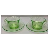 Vintage Set Of Four Misc. Patterns Green Depression Uranium Glass Cups And Saucers  (Glows Under UV light)