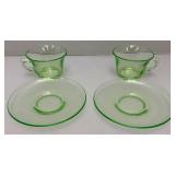 Vintage Set Of Four Misc. Patterns Green Depression Uranium Glass Cups And Saucers  (Glows Under UV light)