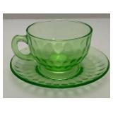 Vintage Set Of Four Misc. Patterns Green Depression Uranium Glass Cups And Saucers  (Glows Under UV light)