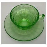Vintage Set Of Four Misc. Patterns Green Depression Uranium Glass Cups And Saucers  (Glows Under UV light)