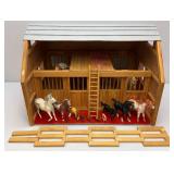 Large Handmade Wood Barn With Misc. Vintage Toy Horses 21" x 21" x 29"