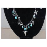 Silver Tone Charm Necklace with Turquoise Stones