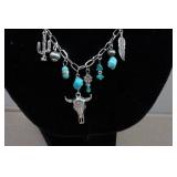 Silver Tone Charm Necklace with Turquoise Stones