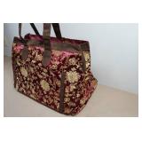 *2* XL Maroon Fabric Gold Tone Embroidered Floral Design Tote Travel Bag