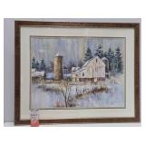 Very Nice Large Signed Original Watercolor Farm Scene Painting - Signed "Veeder"
