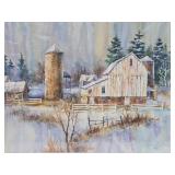Very Nice Large Signed Original Watercolor Farm Scene Painting - Signed "Veeder"