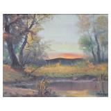 Very Nice Vintage Framed Signed Oil on Canvas Painting - Sunset in the Forest