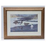 Framed Signed Numbered Print by Les Kouba - "Mallards on Ice"