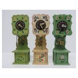 3 Vintage West German Miniature Handpainted Grandfather Clocks - Approx 9" tall