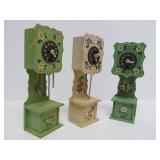 3 Vintage West German Miniature Handpainted Grandfather Clocks - Approx 9" tall