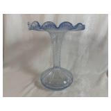 Murano Clear Glass Blue Speckled Ruffle Vase 12" Tall, 7" Base, 9 1/2" Ruffled Top
