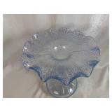 Murano Clear Glass Blue Speckled Ruffle Vase 12" Tall, 7" Base, 9 1/2" Ruffled Top