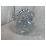 Murano Clear Glass Blue Speckled Ruffle Vase 12" Tall, 7" Base, 9 1/2" Ruffled Top