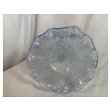 Murano Clear Glass Blue Speckled Ruffle Vase 12" Tall, 7" Base, 9 1/2" Ruffled Top