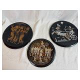 Egyptian-Themed Etched Copper Decorative Wall Plates (Qty 3) 11 1/2", 11 1/2", 9 1/2"