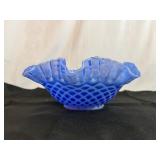 L.G. White, Blue and White Trellis Round Ruffled Centerpiece Console Bowl 10 1/2" x 4"