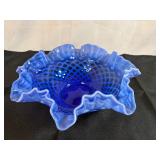 L.G. White, Blue and White Trellis Round Ruffled Centerpiece Console Bowl 10 1/2" x 4"