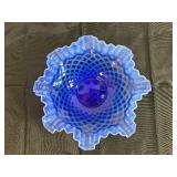 L.G. White, Blue and White Trellis Round Ruffled Centerpiece Console Bowl 10 1/2" x 4"