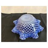 L.G. White, Blue and White Trellis Round Ruffled Centerpiece Console Bowl 10 1/2" x 4"