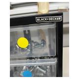 BLACK+DECKER 9-Compartment Parts Organizer Durable, clear, wall-mountable drawers High-impact frame Includes various sized nuts and bolts Keep your workshop sorted with this space-saving, fully-loaded