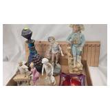Vintage Porcelain Figures and Fenton Stretch Glass Bowl