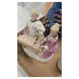 Vintage Porcelain Figures and Fenton Stretch Glass Bowl