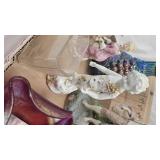 Vintage Porcelain Figures and Fenton Stretch Glass Bowl