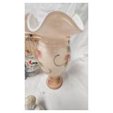 Fenton Glass Vase, Ruffled top, hand painted with pink overlay