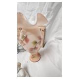 Fenton Glass Vase, Ruffled top, hand painted with pink overlay