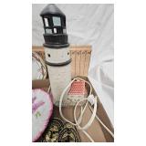 Lighthouse Lamp, Vintage Plates, Handled Glass Basket