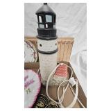 Lighthouse Lamp, Vintage Plates, Handled Glass Basket