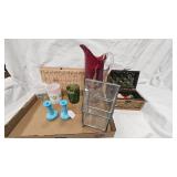 Blue Opalene Candlesticks, Wreath , glass Display, Glass Pitcher