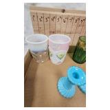 Blue Opalene Candlesticks, Wreath , glass Display, Glass Pitcher