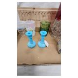 Blue Opalene Candlesticks, Wreath , glass Display, Glass Pitcher