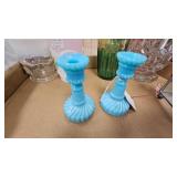 Blue Opalene Candlesticks, Wreath , glass Display, Glass Pitcher