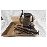 Small Vintage jack, Grease Gun, Pan, Huffman Liquid Oil Dispenser