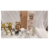 Vintage Doll, Bear, Candlesticks and Figurines