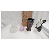 Fenton Glass Bell, Faberge Pattern and Cat Figurine, Vase