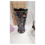 Fenton Glass Bell, Faberge Pattern and Cat Figurine, Vase