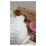 Fenton Glass Hobnail Bowl, Murano Glass Pink Satin Diamond Pattern Vanity Jar