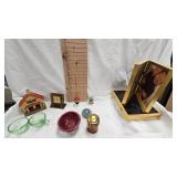 Paperweight, Bowl, Figures, 2 Vaseline Glass Teacups