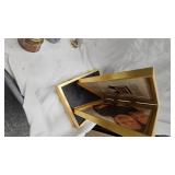 Paperweight, Bowl, Figures, 2 Vaseline Glass Teacups